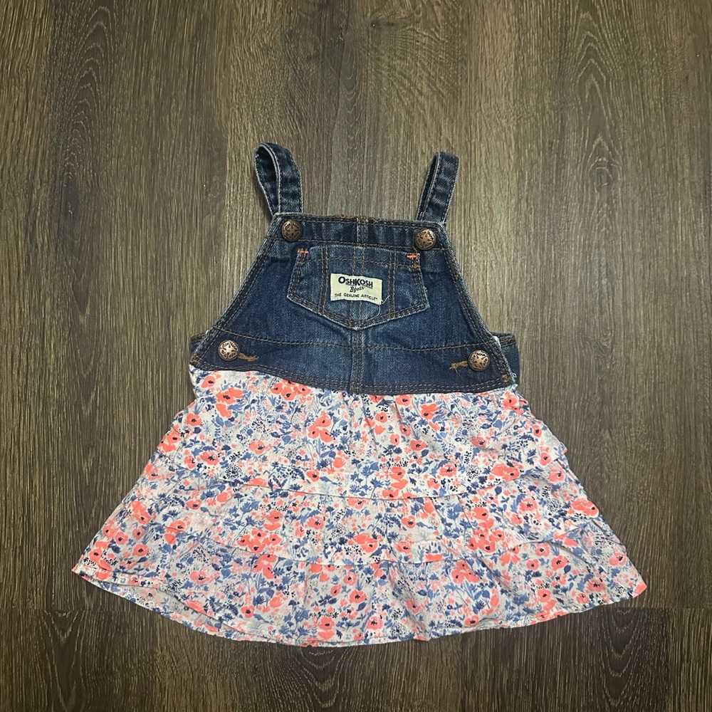 OshKosh B’gosh Baby Denim Overall Dress w/ Floral Ruffle Skirt 6M